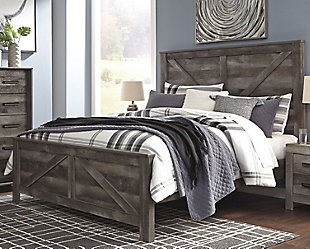 The Wynnlow king crossbuck panel bed is sure to win your heart with its daring designer take on modern rustic. The bed’s crisp, clean and minimalist-chic profile is enriched with a striking replicated oak grain with thick plank styling and a weathered gray finish for that much more authentic character. Mattress and foundation/box spring available, sold separately.Includes headboard, footboard and rails | Made of engineered wood (MDF/particleboard) and decorative laminate | Rustic gray planked replicated oak grain with authentic touch | Foundation/box spring required, sold separately | Mattress available, sold separately | Assembly required | Estimated Assembly Time: 10 Minutes