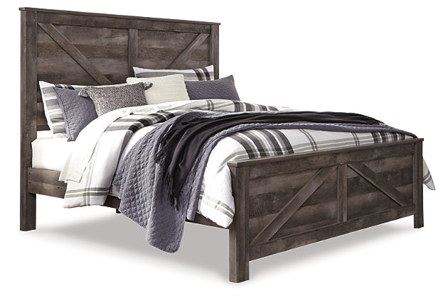 The Wynnlow king crossbuck panel bed is sure to win your heart with its daring designer take on modern rustic. The bed’s crisp, clean and minimalist-chic profile is enriched with a striking replicated oak grain with thick plank styling and a weathered gray finish for that much more authentic character. Mattress and foundation/box spring available, sold separately.Includes headboard, footboard and rails | Made of engineered wood (MDF/particleboard) and decorative laminate | Rustic gray planked replicated oak grain with authentic touch | Foundation/box spring required, sold separately | Mattress available, sold separately | Assembly required | Estimated Assembly Time: 10 Minutes