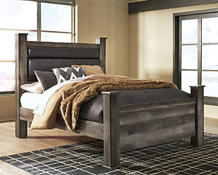 The Wynnlow upholstered poster bed is sure to win your heart with its daring designer take on modern rustic. The bed’s crisp, clean and minimalist-chic profile is enriched with a stri replicated oak grain with thick plank styling and a weathered gray finish for that much more authentic character. Padded black faux leather upholstered headboard with deep channeling adds flair and a sumptuous feel. Mattress and foundation/box spring available, sold separately.Includes black faux leather upholstered poster headboard, poster footboard and rails | Made of engineered wood (MDF/particleboard) and decorative laminate | Rustic gray planked replicated oak grain with authentic touch | Foundation/box spring required, sold separately | Mattress available, sold separately | Assembly required | Estimated Assembly Time: 10 Minutes