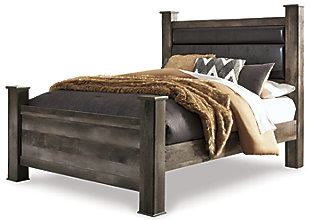 The Wynnlow bedroom package is sure to win your heart with its daring designer take on modern rustic. Its crisp, clean and minimalist-chic profile is enriched with a striking replicated oak grain with thick plank styling and a weathered gray finish for that much more authentic character. The bed's padded black faux leather upholstered headboard with deep channeling adds flair and a sumptuous feel. The dresser and chest feature large-scale hooded pulls gracing the flush-mount drawers.Includes poster bed (black faux leather upholstered poster headboard, poster footboard and rails), 6-drawer dresser with mirror and 5-drawer chest | Made of engineered wood (MDF/particleboard) and decorative laminate | Rustic gray finish over replicated oak grain | Hooded pull hardware in dark finish | Dresser and chest with smooth-gliding drawers | Mirror attaches to back of dresser | Foundation/box spring required, sold separately; mattress available, sold separately | Safety is a top priority, clothing storage units are designed to meet the most current standard for stability, ASTM F 2057 (ASTM International) | Drawers extend out to accommodate maximum access to drawer interior while maintaining safety | Assembly required | Estimated Assembly Time: 15 Minutes