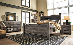 The Wynnlow king upholstered poster bed is sure to win your heart with its daring designer take on modern rustic. The bed’s crisp, clean and minimalist-chic profile is enriched with a striking replicated oak grain with thick plank styling and a weathered gray finish for that much more authentic character. Padded black faux leather upholstered headboard with deep channeling adds flair and a sumptuous feel. Mattress and foundation/box spring available, sold separately.Includes black faux leather upholstered poster headboard, poster footboard, posts and rails | Made of engineered wood (MDF/particleboard) and decorative laminate | Rustic gray planked replicated oak grain with authentic touch | Foundation/box spring required, sold separately | Mattress available, sold separately | Assembly required | Estimated Assembly Time: 15 Minutes
