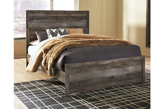 The Wynnlow queen panel bed is sure to win your heart with its daring designer take on modern rustic. The bed’s crisp, clean and minimalist-chic profile is enriched with a striking replicated oak grain with thick plank styling and a weathered gray finish for that much more authentic character. Mattress and foundation/box spring available, sold separately.Includes headboard/footboard and rails | Made of engineered wood (MDF/particleboard) and decorative laminate | Rustic gray planked replicated oak grain with authentic touch | Foundation/box spring required, sold separately | Mattress available, sold separately | Assembly required | Estimated Assembly Time: 5 Minutes