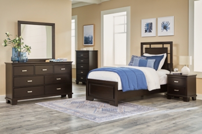 Covetown Twin Panel Bed with Mirrored Dresser, Chest and 2 Nightstands, Dark Brown