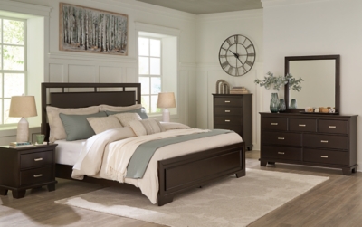 Covetown California King Panel Bed with Mirrored Dresser, Chest and 2 Nightstands, Dark Brown