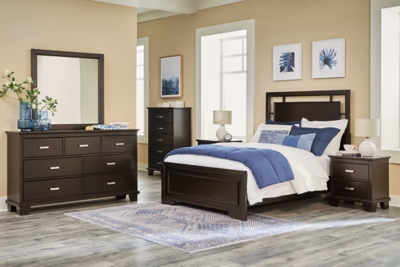 Covetown Full Panel Bed with Mirrored Dresser, Chest and 2 Nightstands, Dark Brown