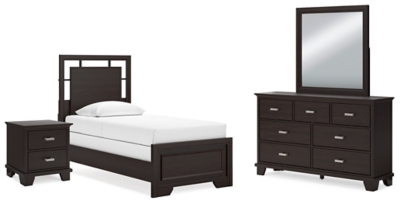 Covetown Twin Panel Bed with Mirrored Dresser and Nightstand, Dark Brown, large