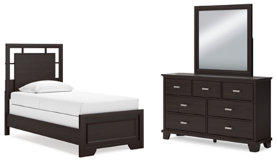 Covetown Twin Panel Bed with Mirrored Dresser, Dark Brown, large