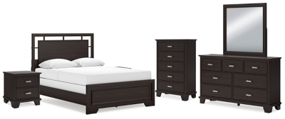 Covetown Queen Panel Bed with Mirrored Dresser, Chest and 2 Nightstands, Dark Brown, large