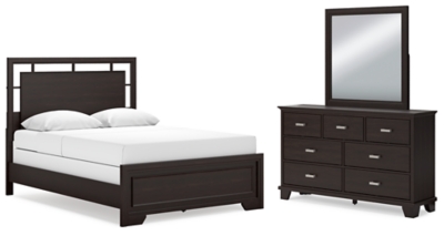 Covetown Queen Panel Bed with Mirrored Dresser, Dark Brown, large