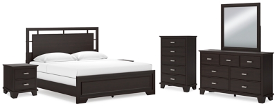 Covetown California King Panel Bed with Mirrored Dresser, Chest and 2 Nightstands, Dark Brown, large