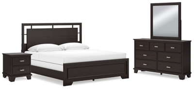 Covetown California King Panel Bed with Mirrored Dresser and Nightstand, Dark Brown