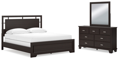 Covetown California King Panel Bed with Mirrored Dresser, Dark Brown