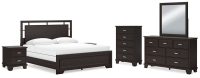 Covetown King Panel Bed with Mirrored Dresser, Chest and 2 Nightstands ...