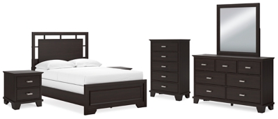 Covetown Full Panel Bed with Mirrored Dresser, Chest and 2 Nightstands, Dark Brown, large