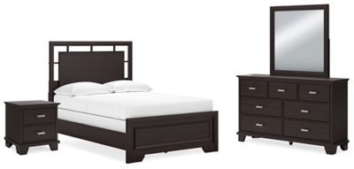 Covetown Full Panel Bed with Mirrored Dresser and Nightstand, Dark Brown