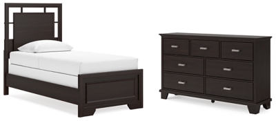 Covetown Twin Panel Bed with Dresser, Dark Brown