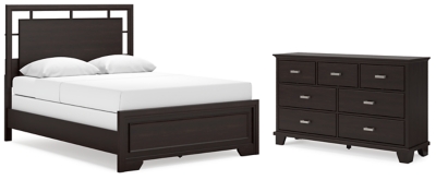 Covetown Queen Panel Bed with Dresser, Dark Brown, large