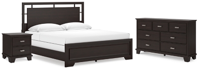 Covetown California King Panel Bed with Dresser and Nightstand, Dark Brown