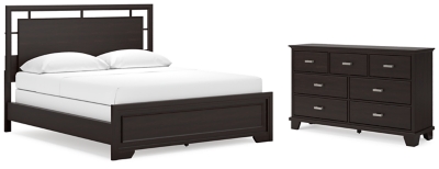 Covetown California King Panel Bed with Dresser, Dark Brown