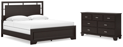 Covetown King Panel Bed with Dresser, Dark Brown