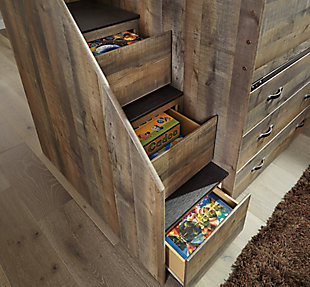 Whether she loves horses or he's a cowboy at heart, the Trinell loft bed with storage matches their authenticity. Rustic finish, plank-style details and nailhead trim pay homage to reclaimed barn wood, making for a chic look loaded with charm. Two matching dressers fit in the underbed area and add plenty of storage without taking up an inch of floor space. Perfect for small or shared space living arrangements.Made of replicated veneer and engineered wood (MDF/particleboard) | Includes twin loft bed, storage steps, 2 loft drawer storage units and twin roll slats | Loft drawer storage each with 3 smooth gliding drawers and bronze-tone handles with nailhead trim | Included slats eliminate need for foundation/box spring | Assembly required | Mattress available, sold separately | Estimated Assembly Time: 30 Minutes