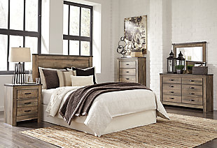 The Trinell queen panel headboard brings home a sense of authenticity. Rustic finish, plank-style details and nailhead trim pay homage to reclaimed barn wood, making for a chic look loaded with charm. Mattress available, sold separately.Headboard only | Made of engineered wood (MDF/particleboard) and decorative laminate | Warm rustic plank finish over replicated oak grain and authentic touch | Nailhead accents | ¼” bolts (not included) are needed to attach headboard to existing bed frame | Bolt (not included) length depends on the thickness of your bed frame | Assembly required