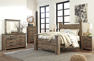 Giddy up your style. If you’re a cowboy or cowgirl at heart, the Trinell queen poster bed matches your authentic sense of taste. Rustic finish, plank details and nailhead trim are an homage to reclaimed barn wood, making for a sophisticated look loaded with countrified charm. Mattress and foundation/box spring available, sold separately.Includes headboard, footboard, posts and rails | Made of engineered wood (MDF/particleboard) and decorative laminate | Warm rustic plank finish over replicated oak grain and authentic touch | Foundation/box spring required, sold separately | Mattress available, sold separately | Assembly required | Estimated Assembly Time: 15 Minutes