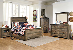 Whether she loves horses or he's a cowboy at heart, the Trinell full panel headboard matches their authenticity. Rustic finish, plank-style details and nailhead trim pay homage to reclaimed barn wood, making for a chic look loaded with charm.Headboard only | Made of engineered wood (MDF/particleboard) and decorative laminate | Warm rustic plank finish over replicated oak grain and authentic touch | Nailhead accents | ¼” bolts (not included) are needed to attach headboard to existing bed frame | Bolt (not included) length depends on the thickness of your bed frame | Assembly required