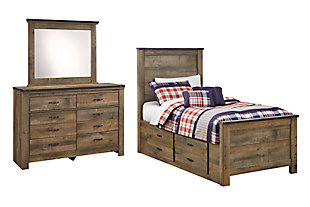 Trinell Twin Panel Bed with 2 Storage Drawers with Mirrored Dresser, Brown, large