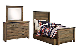 Trinell Twin Panel Bed with 1 Storage Drawer with Mirrored Dresser, Brown, large