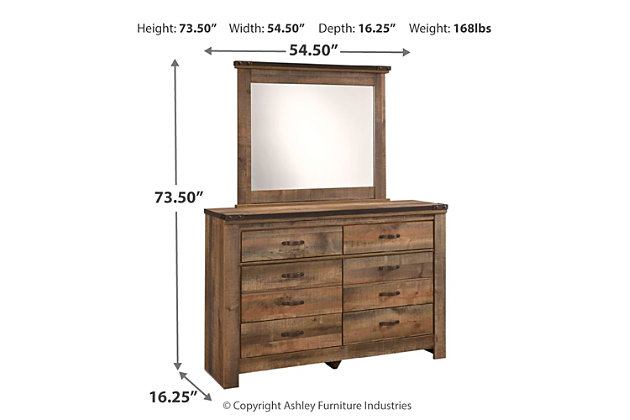 Whether she loves horses or he's a cowboy at heart, Trinell dresser and mirror matches their authentic sense of style. Rustic finish, plank details and nailhead trim are an homage to reclaimed barn wood, making for a sophisticated, vintage-chic look. Six roomy drawers keep clothing or toys nicely reined in.Includes dresser and mirror | Made of engineered wood (MDF/particleboard) and decorative laminate | Warm rustic plank finish over replicated oak grain and authentic touch | Antiqued bronze-tone hardware | 6 smooth-operating drawers | Mirror attaches to back of dresser | Safety is a top priority, clothing storage units are designed to meet the most current standard for stability, ASTM F 2057 (ASTM International) | Drawers extend out to accommodate maximum access to drawer interior while maintaining safety | Assembly required | Estimated Assembly Time: 5 Minutes