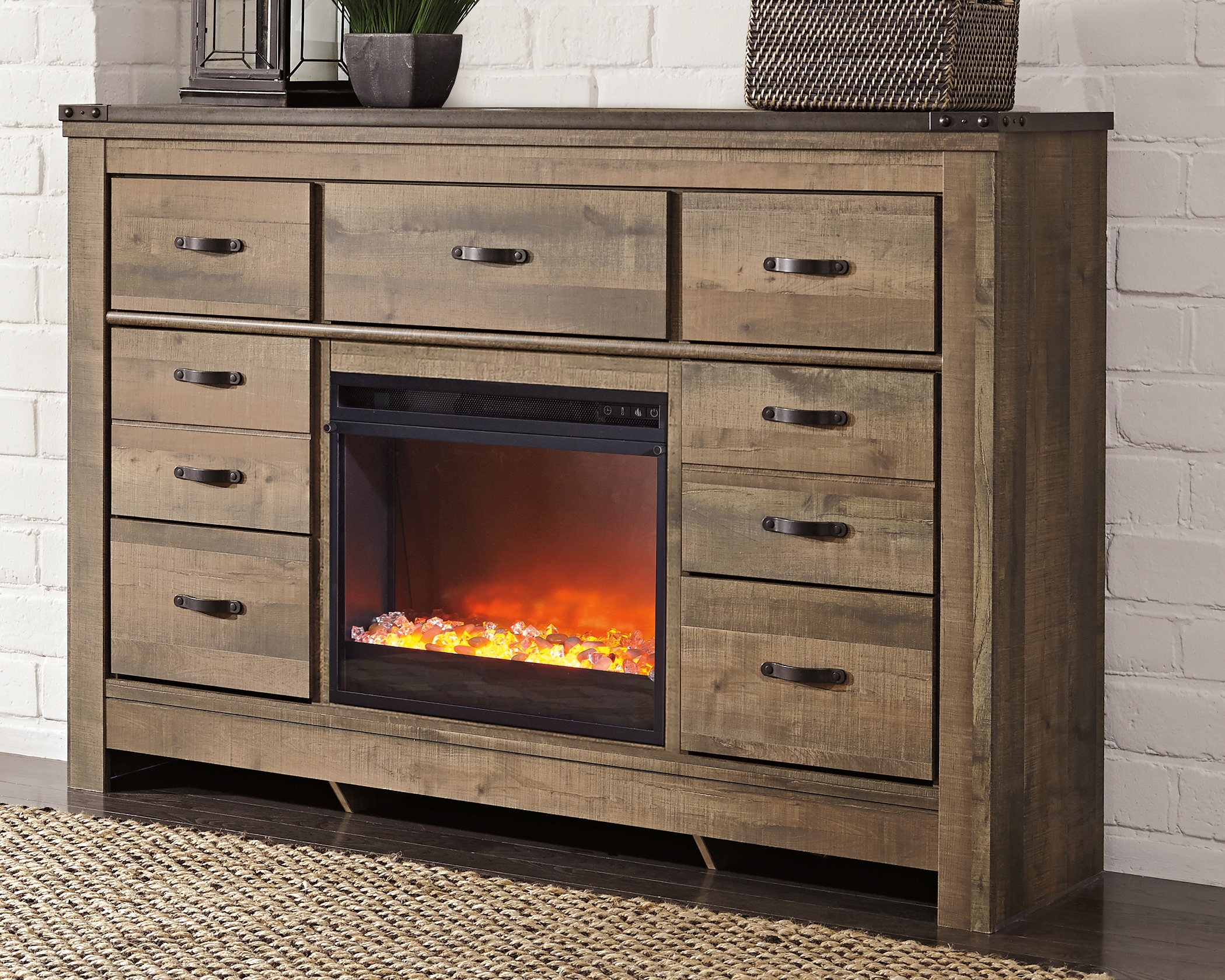 Trinell Dresser with Electric Fireplace | Furniture Den