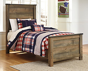 Whether she loves horses or he's a cowboy at heart, the Trinell twin panel bed and mattress set matches their authentic sense of style. Rustic finish, plank details and nailhead trim are an homage to reclaimed barn wood, making for a sophisticated, vintage-chic look. The Chime Firm mattress’ quality foam and quilted polyester fabric add an enhanced level of comfort. Foundation available, sold separately.Includes twin panel bed (headboard, footboard and rails) and twin mattress | Made of engineered wood and decorative laminate | Nailhead accents | Comfort level: firm | High-quality Bonnell coils offer consistent support and proper balance | 1" high density support foam delivers edge-to-edge support | Poly-foam support; polyester knit quilt cover | Meets Federal Flammability Standard CFR1633 | 1-year limited warranty | Foundation sold separately | Hypoallergenic: made from materials that don’t trigger allergies | Mattress ships in a box; please allow 48 hours for your mattress to fully expand after opening | Assembly required | Estimated Assembly Time: 15 Minutes