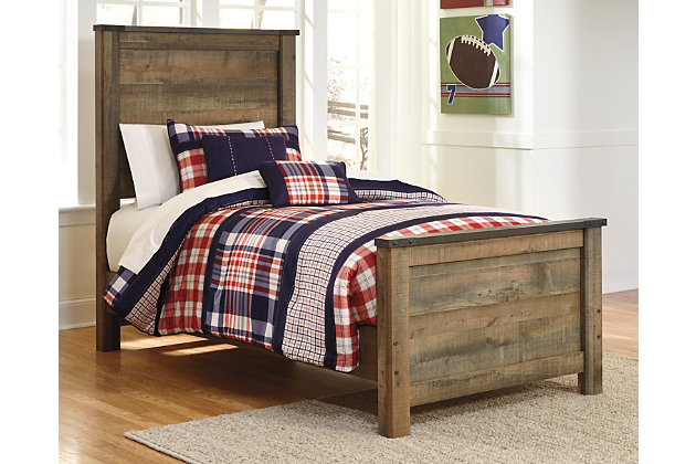 Whether she loves horses or he's a cowboy at heart, the Trinell twin panel bed and mattress set matches their authentic sense of style. Rustic finish, plank details and nailhead trim are an homage to reclaimed barn wood, making for a sophisticated, vintage-chic look. The Chime Firm mattress’ quality foam and quilted polyester fabric add an enhanced level of comfort. Foundation available, sold separately.Includes twin panel bed (headboard, footboard and rails) and twin mattress | Made of engineered wood and decorative laminate | Nailhead accents | Comfort level: firm | High-quality Bonnell coils offer consistent support and proper balance | 1" high density support foam delivers edge-to-edge support | Poly-foam support; polyester knit quilt cover | Meets Federal Flammability Standard CFR1633 | 1-year limited warranty | Foundation sold separately | Hypoallergenic: made from materials that don’t trigger allergies | Mattress ships in a box; please allow 48 hours for your mattress to fully expand after opening | Assembly required | Estimated Assembly Time: 15 Minutes