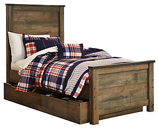 If you love country living, the Trinell twin panel bed with storage matches your authenticity. Rustic finish, plank-style details and nailhead trim pay homage to reclaimed barn wood, making for a chic look loaded with charm. Under bed storage unit includes two dividers to accommodate everything from toys and games to books and bedding. Mattress and foundation/box spring available, sold separately.Includes headboard, footboard, under bed storage and rails | Made of engineered wood and decorative laminate | Warm rustic plank finish over replicated oak grain and authentic touch | Wheeled under bed storage unit with 2 dividers | Nailhead accents | Foundation/box spring required, sold separately | Mattress available, sold separately | Assembly required | Estimated Assembly Time: 35 Minutes