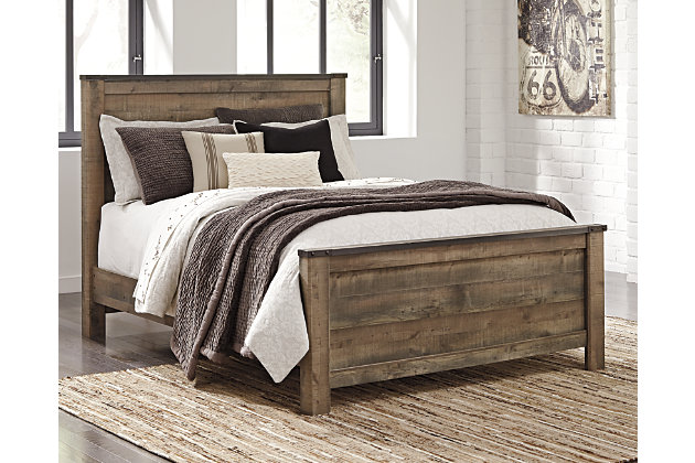 If you love country living, the Trinell bed and dresser with fireplace option match your authentic taste. Rustic finish, plank-style details and nailhead accents pay homage to reclaimed barn wood. The aesthetic is earthy yet clean and sophisticated making for a chic look loaded with charm.Includes panel bed (headboard, footboard, rails) and 7-drawer dresser | Made of engineered wood (MDF/particleboard) and decorative laminate | Warm rustic plank finish over replicated oak grain and authentic touch | Antiqued bronze-tone hardware and nailhead accents | Dresser with smooth-gliding drawers | Dresser with adjustable shelf behind cabinet doors | Foundation/box spring required, sold separately; mattress available, sold separately | Compatible with W100-01 and W100-02 electric fireplace inserts | Simple assembly required for fireplace insert installation: remove back panel to accommodate insert | Safety is a top priority, clothing storage units are designed to meet the most current standard for stability, ASTM F 2057 (ASTM International) | Drawers extend out to accommodate maximum access to drawer interior while maintaining safety | Assembly required | Estimated Assembly Time: 10 Minutes