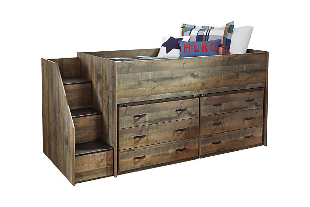 Whether she loves horses or he's a cowboy at heart, the Trinell loft bed with storage matches their authenticity. Rustic finish, plank-style details and nailhead trim pay homage to reclaimed barn wood, making for a chic look loaded with charm. Two matching dressers fit in the underbed area and add plenty of storage without taking up an inch of floor space. Perfect for small or shared space living arrangements.Made of replicated veneer and engineered wood (MDF/particleboard) | Includes twin loft bed, storage steps, 2 loft drawer storage units and twin roll slats | Loft drawer storage each with 3 smooth gliding drawers and bronze-tone handles with nailhead trim | Included slats eliminate need for foundation/box spring | Assembly required | Mattress available, sold separately | Estimated Assembly Time: 30 Minutes