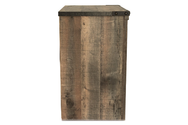 Whether she loves horses or he's a cowboy at heart, the Trinell nightstand matches their authenticity. Rustic finish, plank-style details and nailhead trim pay homage to reclaimed barn wood, making for a chic look loaded with charm. An included charging station for tablets, cellphones and other electronics offers an up-to-date convenience.Made of engineered wood (MDF/particleboard) and decorative laminate | Warm rustic plank finish over replicated oak grain and authentic touch | Antiqued bronze-tone hardware | 1 storage cubby | 1 smooth-operating drawer | Nailhead accents | 2 slim-profile USB charging stations | Power cord included; UL Listed | Assembly required