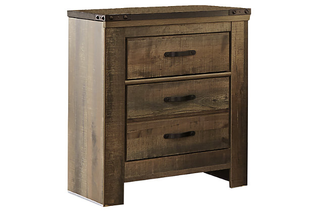 Whether she loves horses or he's a cowboy at heart, the Trinell nightstand matches their authenticity. Rustic finish, plank-style details and nailhead trim pay homage to reclaimed barn wood, making for a chic look loaded with charm. An included charging station for tablets, cellphones and other electronics offers up-to-date convenience.Made of engineered wood (MDF/particleboard) and decorative laminate | Warm rustic plank finish over replicated oak grain and authentic touch | Antiqued bronze-tone hardware | 2 smooth-operating drawers | Nailhead accents | 2 slim-profile USB charging stations | Power cord included; UL Listed | Assembly required