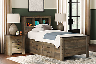 Trinell Twin Bookcase Bed with 2 Storage Drawers, Brown, rollover