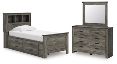 Cama con estantería doble Frandern con almacenamiento, tocador y espejo