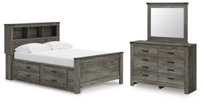 Cama de biblioteca completa Frandern con almacenamiento, cómoda y espejo