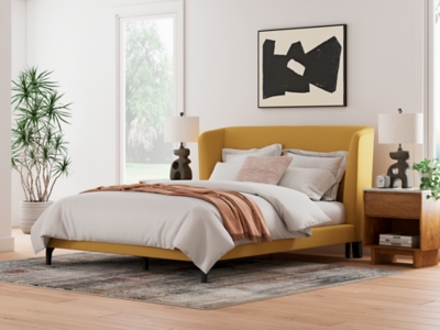 Maloken Queen Upholstered Bed with Roll Slats, Mustard, rollover