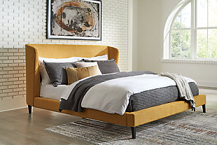 Maloken King Upholstered Bed with Roll Slats, Mustard, rollover