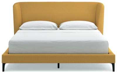 Maloken California King Upholstered Bed with Roll Slats, Mustard, large