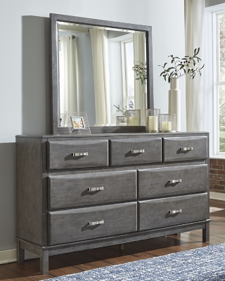 Caitbrook 7 Drawer Dresser and Mirror, Gray