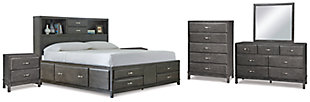 Caitbrook Queen Storage Bed with 8 Storage Drawers with Mirrored Dresser, Chest and 2 Nightstands, Gray, rollover