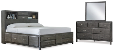 Caitbrook Queen Storage Bed with 8 Storage Drawers with Mirrored Dresser, Gray, large