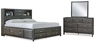 Caitbrook Queen Storage Bed with 8 Storage Drawers with Mirrored Dresser, Gray, large