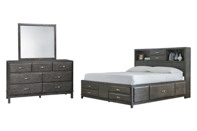 Caitbrook California King Storage Bed with 8 Storage Drawers with Mirrored Dresser, Gray, large